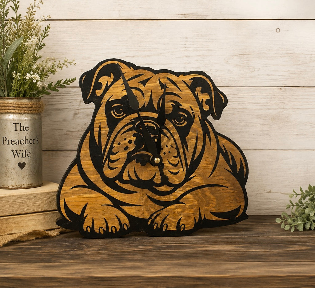 Handmade English Bulldog Wooden Wall Clock | Hand Painted Rustic Dog Clock