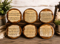 Six round coasters featuring vintage sheet music designs with song titles and musical notes, arranged on a rustic wooden surface with decorative plants and a lantern in the background.