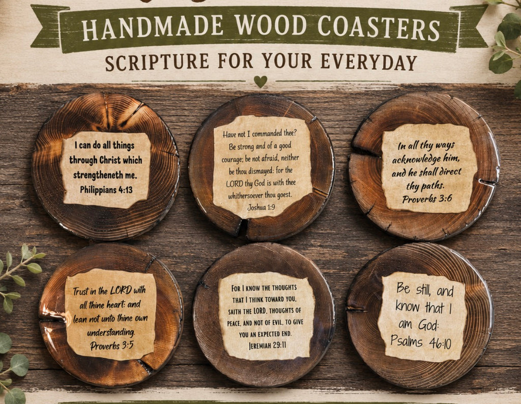 Six round handmade wood coasters with engraved Bible verses arranged on a rustic wooden surface under a banner reading 'Handmade Wood Coasters Scripture for Your Everyday'.