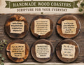 Six round handmade wood coasters with engraved Bible verses arranged on a rustic wooden surface under a banner reading 'Handmade Wood Coasters Scripture for Your Everyday'.