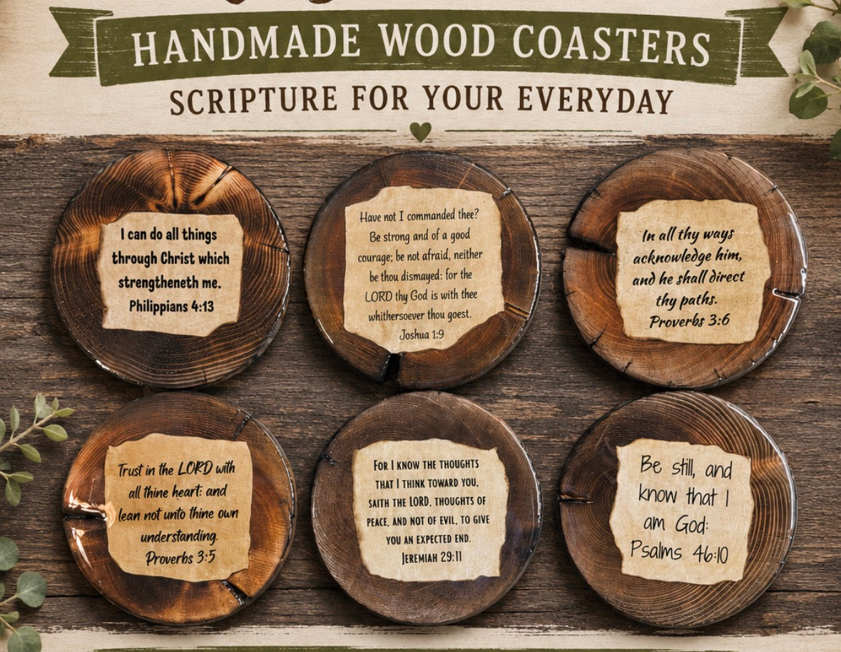 Six round handmade wood coasters with engraved Bible verses arranged on a rustic wooden surface under a banner reading 'Handmade Wood Coasters Scripture for Your Everyday'.
