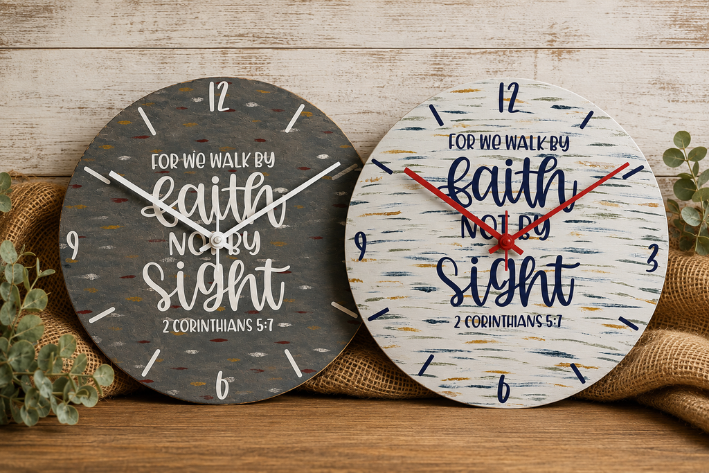 Two round decorative wall clocks with Bible verse text, displayed side by side on a rustic wooden surface with burlap and greenery.