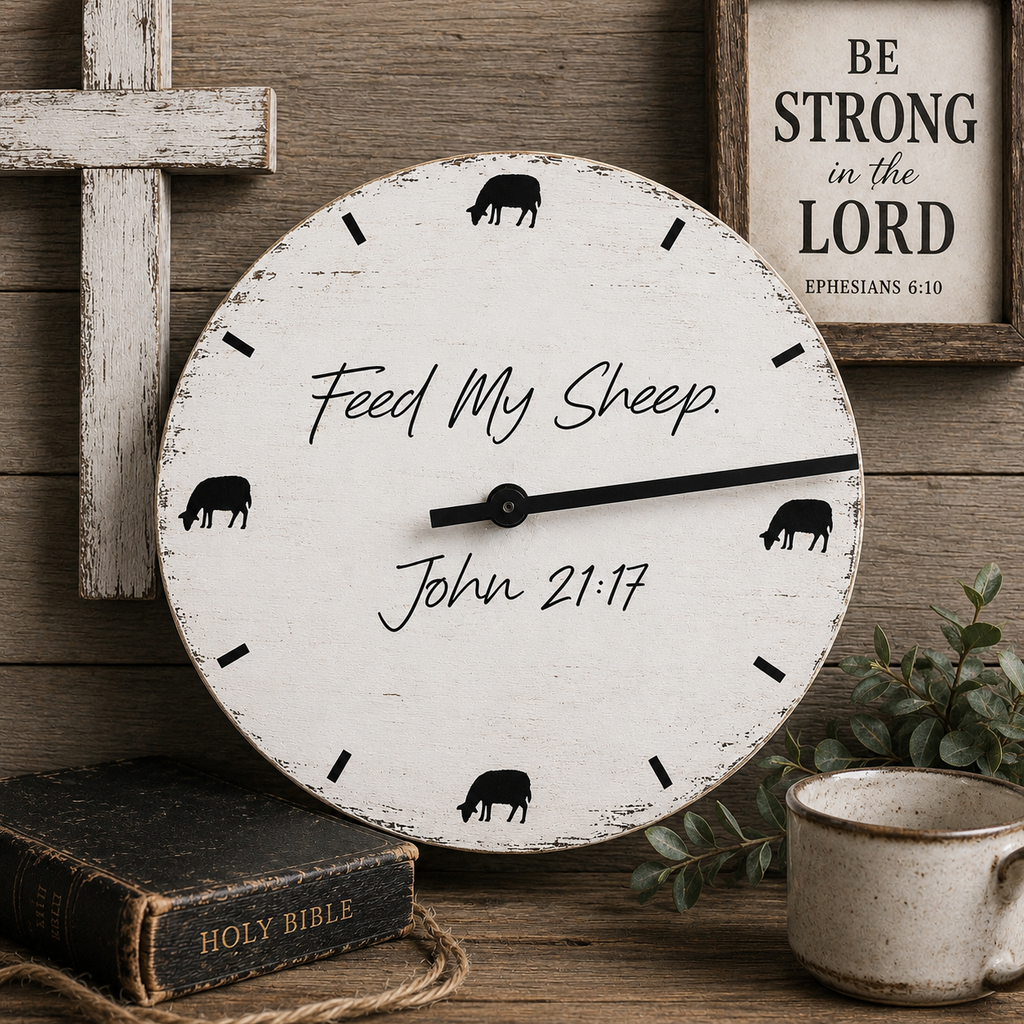 A round distressed white wall clock with black text reading 'Feed My Sheep John 21:17' and black sheep silhouettes marking the hours, styled on a rustic wooden surface with a Bible, ceramic cup, greenery, and a framed scripture print.